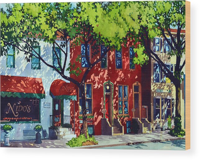 #watercolor #landscape #cityscape #streetscene #shadows #summer #painting #frederick #frederickmd Wood Print featuring the painting Summer Shadows by Mick Williams