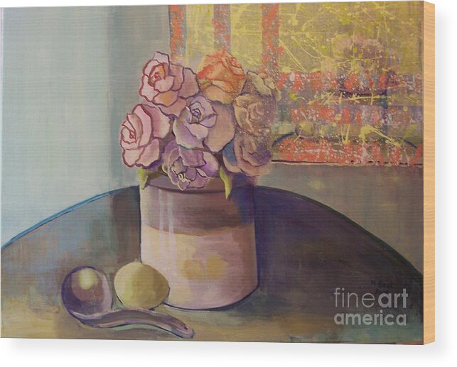 Still Life Wood Print featuring the painting Sunday Morning Roses Through the Looking Glass by Marlene Book