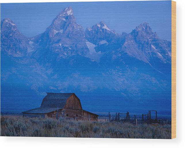 Moulton Barn Wood Print featuring the photograph Sunrise in the Tetons at Moulton Barn by Roberta Kayne