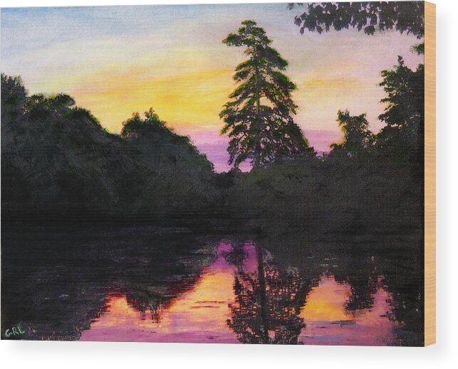 Fine Art Wood Print featuring the painting Sunrise Pond Maryland Landscape Original Fine Art Painting by G Linsenmayer