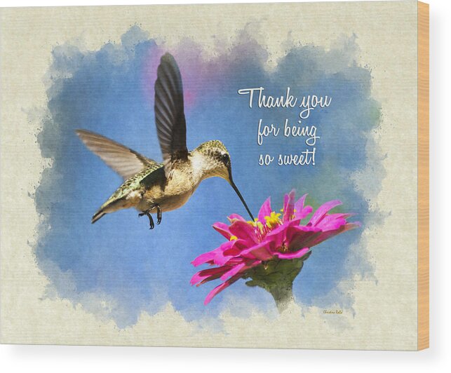 Thank You Card Wood Print featuring the mixed media Sweet Hummingbird Thank You Card by Christina Rollo