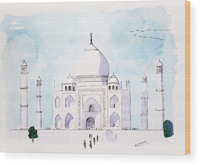Watercolor Wood Print featuring the painting Taj mahal by Keshava Shukla