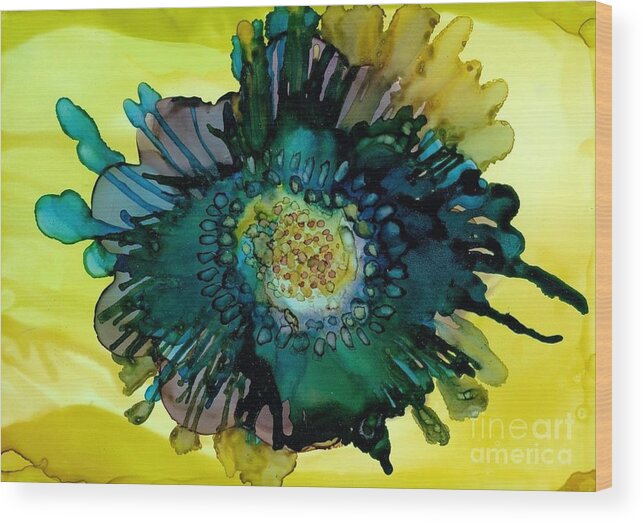 Alcohol Ink Wood Print featuring the painting Teal Bloom by Beth Kluth