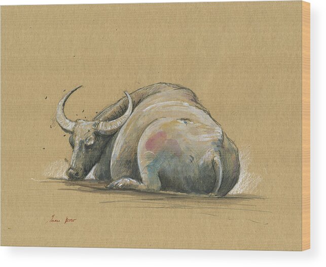 Thai Water Buffalo Wood Print featuring the painting Thai water bufffalo by Juan Bosco