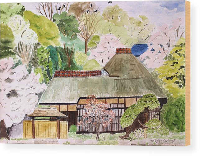 Kanazawa Hakkei Wood Print featuring the painting Thatched Japanese House by Vera Smith