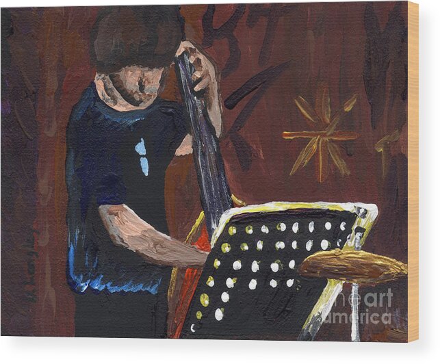 Bass Guitar Big Band Swing Music Stand Wood Print featuring the painting The Bassist by Helena M Langley