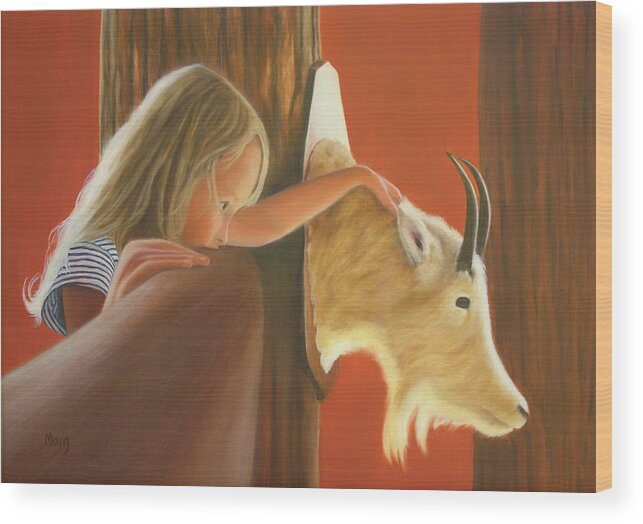 Girl; Goat; Caring; Compassion; Lodge; Taxidermy; Contemplation Wood Print featuring the painting The Comforter by Marg Wolf