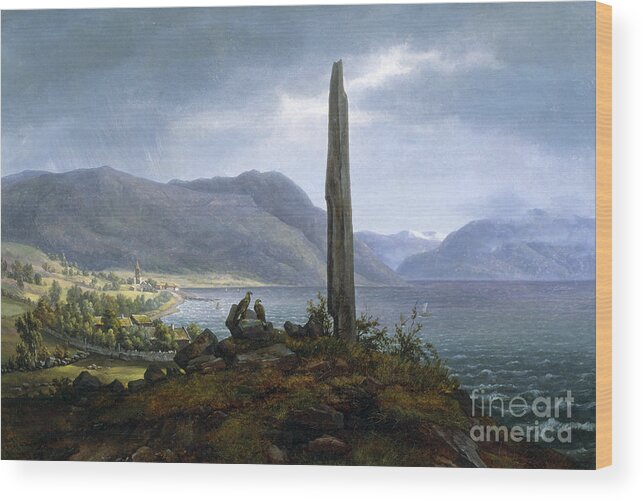 Hans Leganger Reusch Wood Print featuring the painting The Frithjof memorial stone on Leikanger by Balestrand in Sogn by Hans Leganger Reusch
