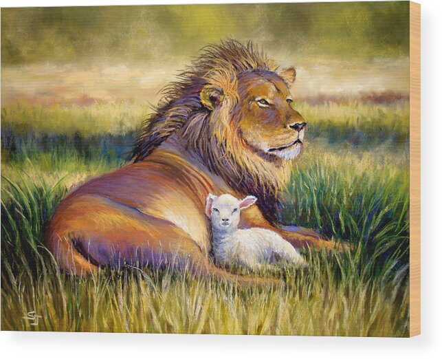 Lion And The Lamb Wood Print featuring the pastel The Kingdom of Heaven by Susan Jenkins