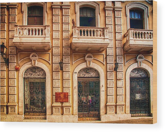 Balconies; Balcony; Street; Doors; San Juan; Puerto Rico; Stone Building Wood Print featuring the photograph Three Balconies by Mick Burkey