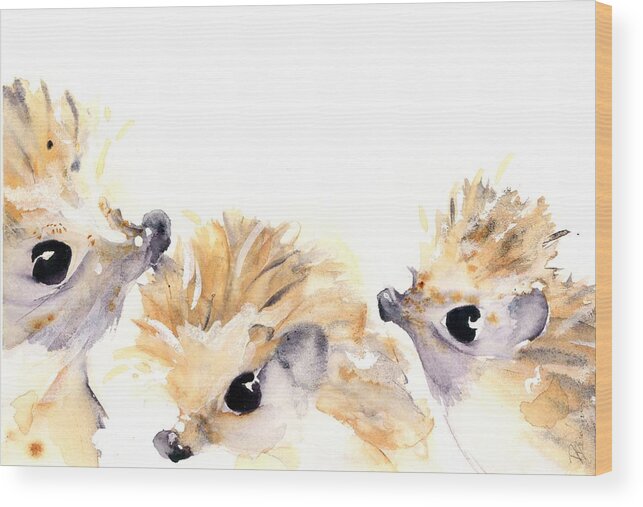 Hedgehog Watercolor Wood Print featuring the painting Three Hedgehogs by Dawn Derman