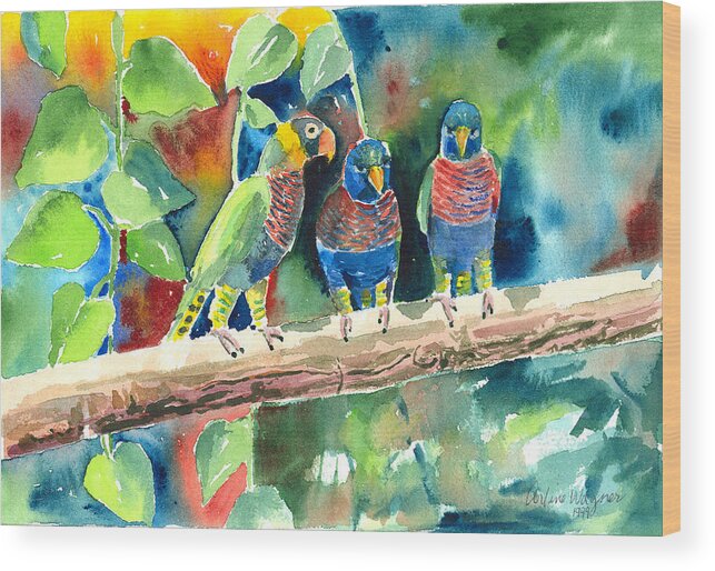 Bird Wood Print featuring the painting Three on a Branch by Arline Wagner