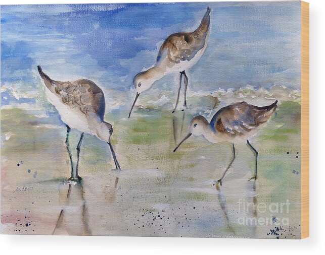Bird Wood Print featuring the painting Three Sandpipers by Mafalda Cento