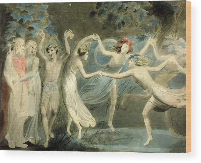 William Blake 1757–1827  Oberon Wood Print featuring the painting Titania and Puck with Fairies Dancing by William Blake