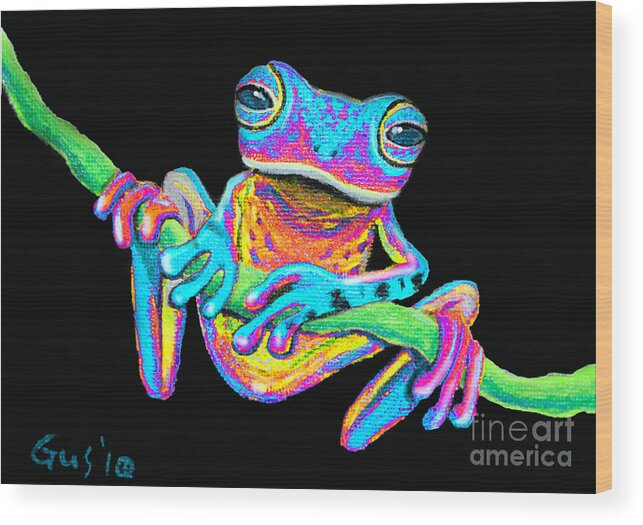 A Colorful Rainbow Frog On A Vine Wood Print featuring the painting Tropical Rainbow frog on a vine by Nick Gustafson