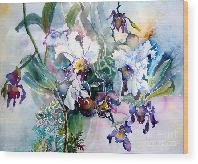 Orchids Wood Print featuring the painting Tropical White Orchids by Mindy Newman