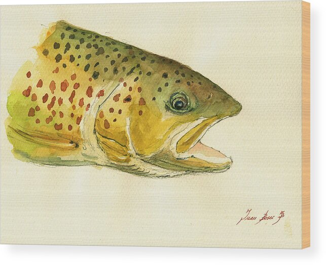 Trout Art Wall Wood Print featuring the painting Trout watercolor painting by Juan Bosco