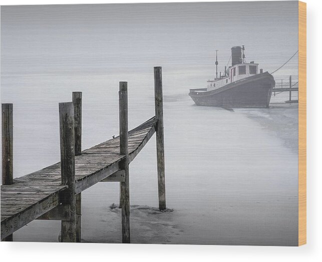 Sea Wood Print featuring the photograph Tugboat stuck in the Winter Ice by Randall Nyhof