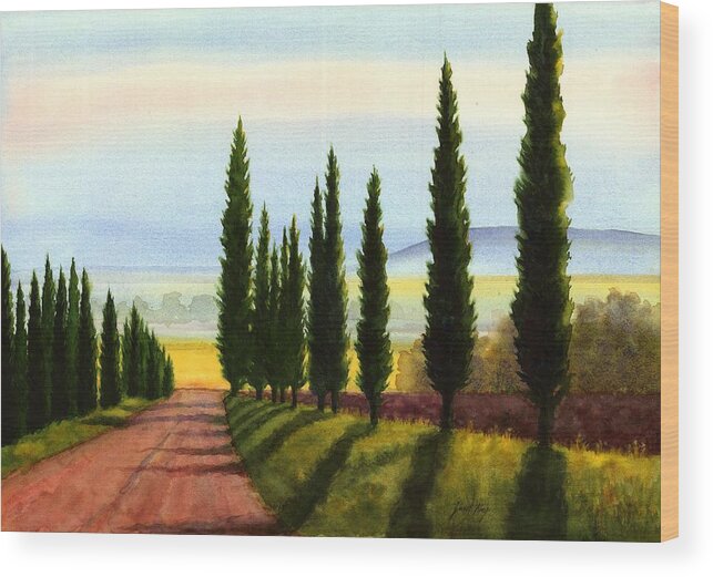 Tuscany Wood Print featuring the painting Tuscany Cypress Trees by Janet King