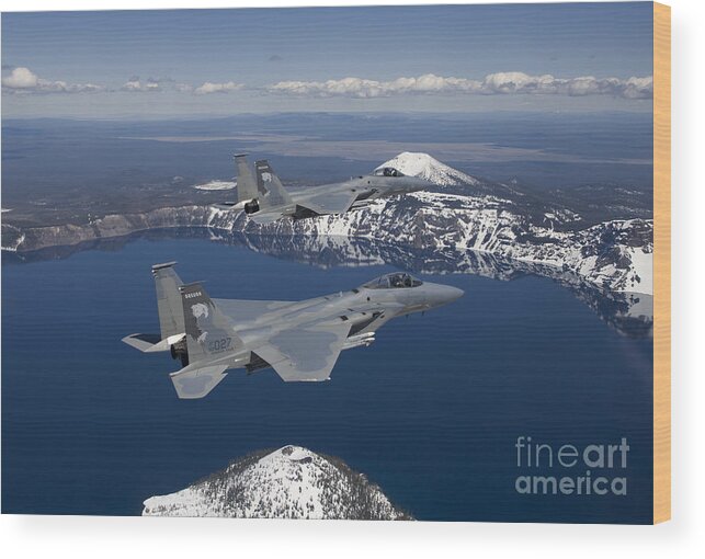 Color Image Wood Print featuring the photograph Two F-15 Eagles Fly Over Crater Lake by HIGH-G Productions