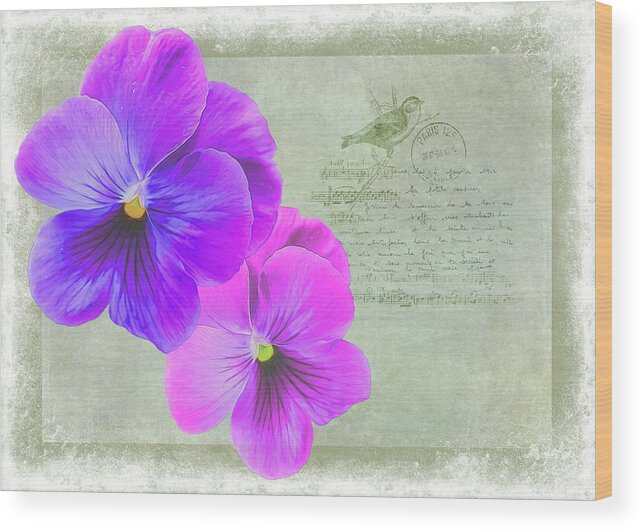 Pink Wood Print featuring the photograph Two Pansies by Cathy Kovarik