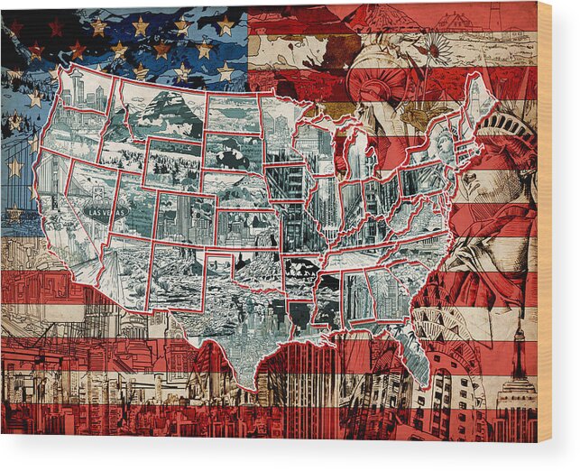 Map Wood Print featuring the painting United States Drawing Collage Map 6 by Bekim M