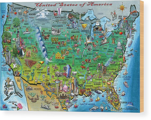 Usa Wood Print featuring the digital art United States of America Fun Map by Kevin Middleton