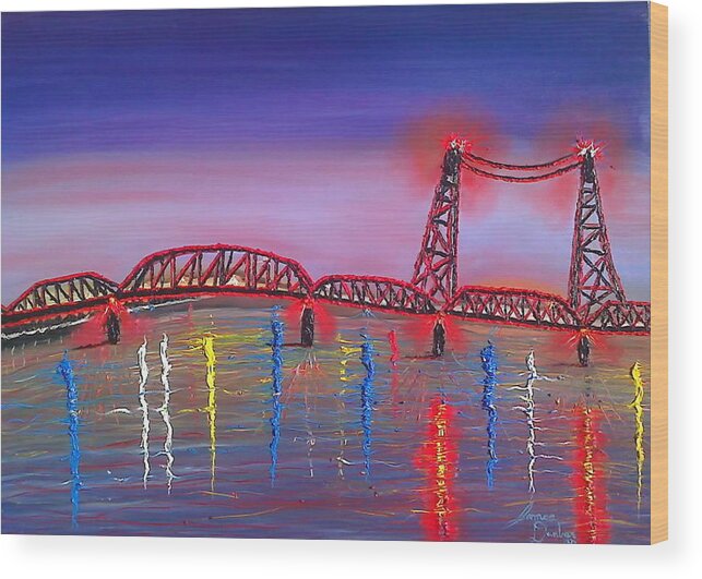 Beautiful Red! Wood Print featuring the painting Vancouver WA Interstate Bridge AT Sunset by James Dunbar