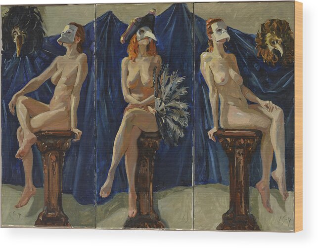 Painting Wood Print featuring the painting Venetian Women with Blue Background. Triptych by Igor Sakurov