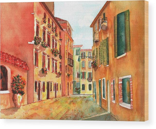 Sharon Mick Wood Print featuring the painting Venice Italy Street by Sharon Mick