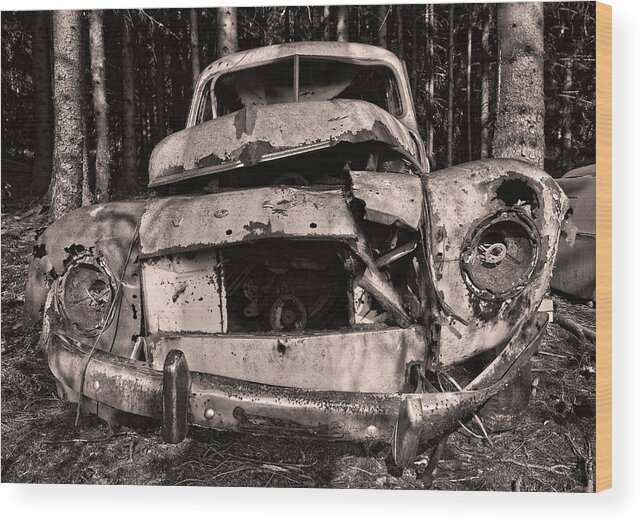 Front View Of An Old Decaying Rusty Volvo Pv In The Forest. B&w Wood Print featuring the photograph Volvo PV-3 by Anders Kustas