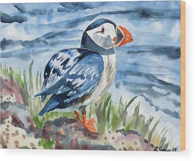 Puffin Wood Print featuring the painting Watercolor - Atlantic Puffin Preparing to Fly by Cascade Colors