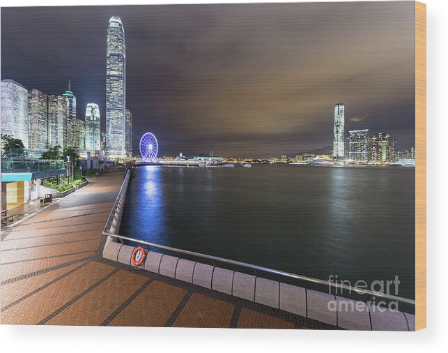 China Wood Print featuring the photograph Waterront promenade along the Victoria harbour in Hong Kong by Didier Marti