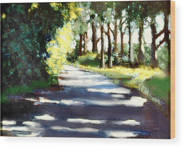 Idealized Version Of A Country Road Painting Wood Print featuring the painting What Waits For Us Down The Road by David Zimmerman