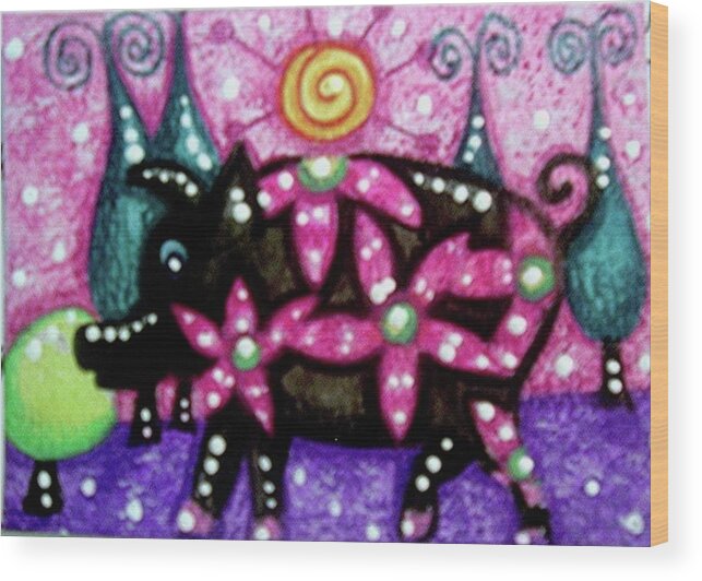 Whimsical Wood Print featuring the painting Whimsical Pig by Monica Resinger