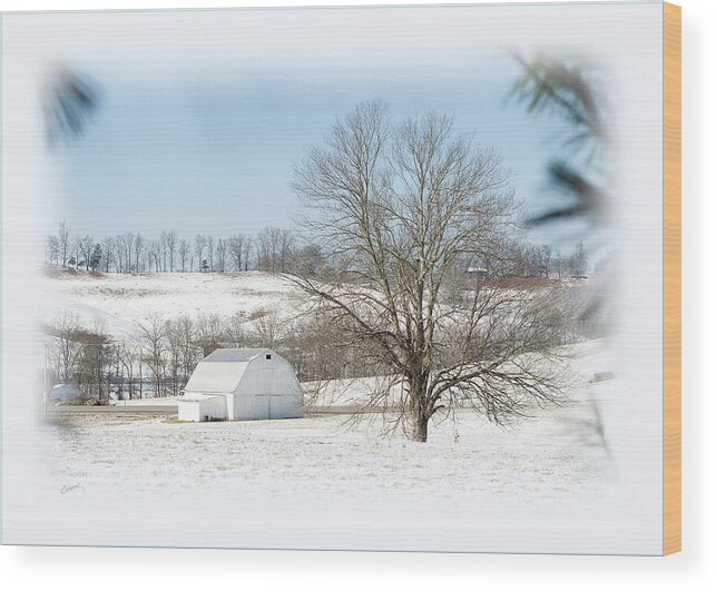 Snow Wood Print featuring the photograph White Barn In Snow by Randall Evans