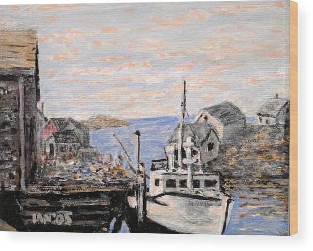 White Wood Print featuring the painting White Boat in Peggys Cove Nova Scotia by Ian MacDonald