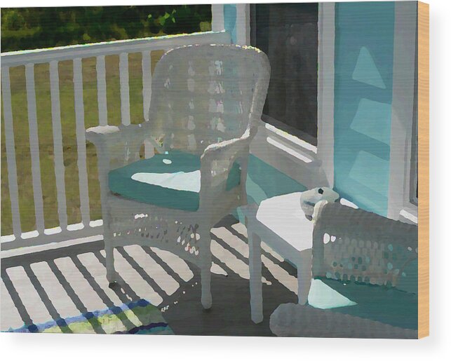Wicker Porch Chair Painting Effect Wood Print featuring the photograph Wicker Porch Chair Painting Effect by Kathy K McClellan