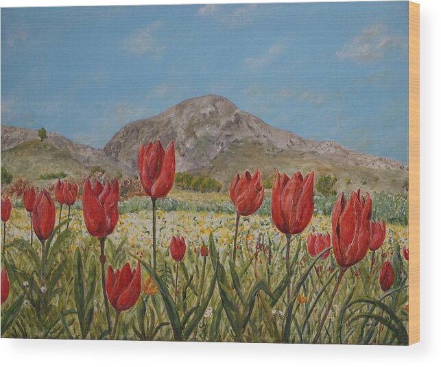 Crete Wood Print featuring the painting Wild Tulips in central Crete by David Capon