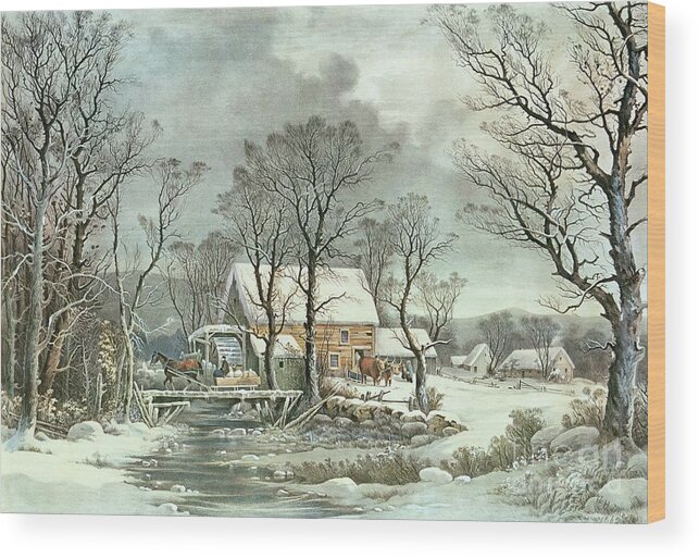 Winter In The Country - The Old Grist Mill Wood Print featuring the painting Winter in the Country - the Old Grist Mill by Currier and Ives