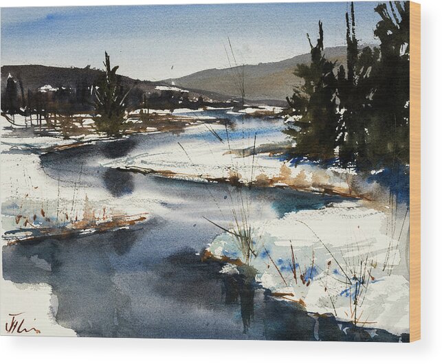 This Is One Of My Favorite Spots In Old Forge Ny. It's The View From Green Bridge Of The Moose River. I've Painted It In Every Season. This Is Actually April Wood Print featuring the painting Winter Moose by Judith Levins