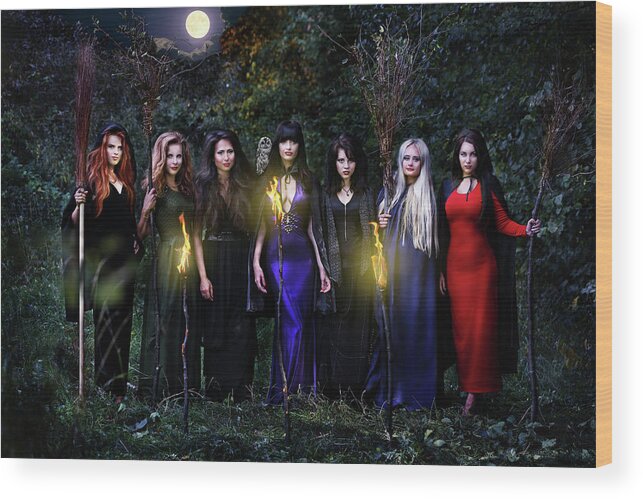 Iuliia Malivanchuk Wood Print featuring the photograph witches coven on Halloween by Iuliia Malivanchuk by Iuliia Malivanchuk