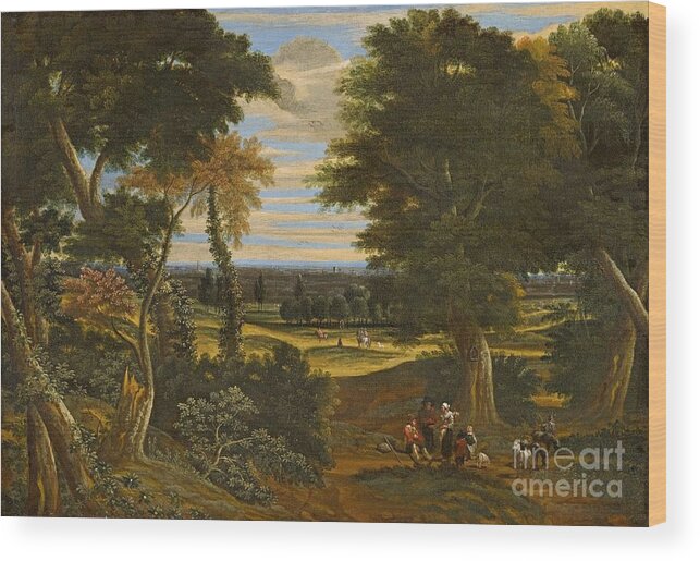 Jacques D' Arthois Wood Print featuring the painting Wooded Landscape With Shepherds And Horsemen by MotionAge Designs