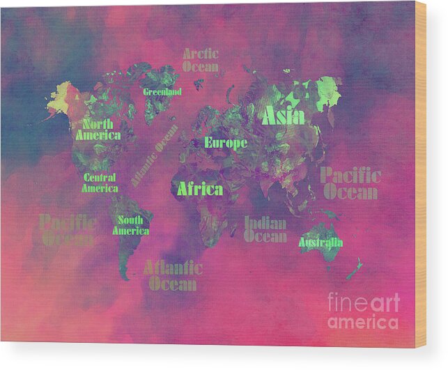 Map Of The World Wood Print featuring the digital art World Map 83 Pink Green by Justyna Jaszke JBJart