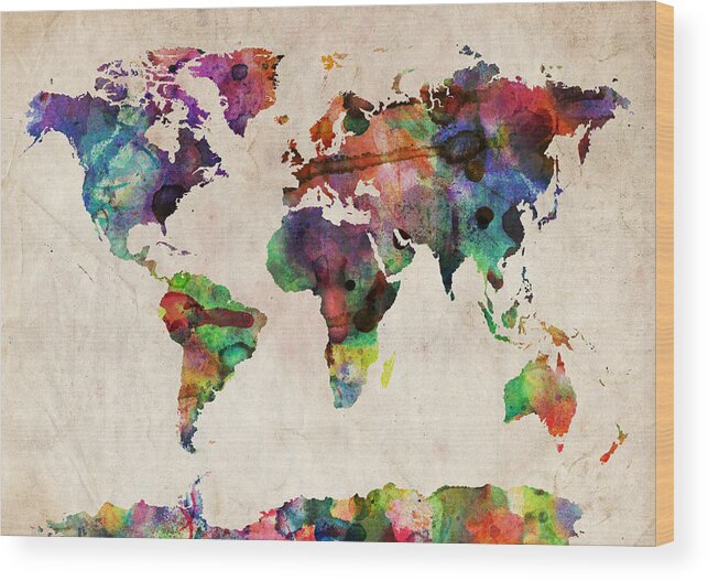 Map Of The World Wood Print featuring the digital art World Map Watercolor by Michael Tompsett