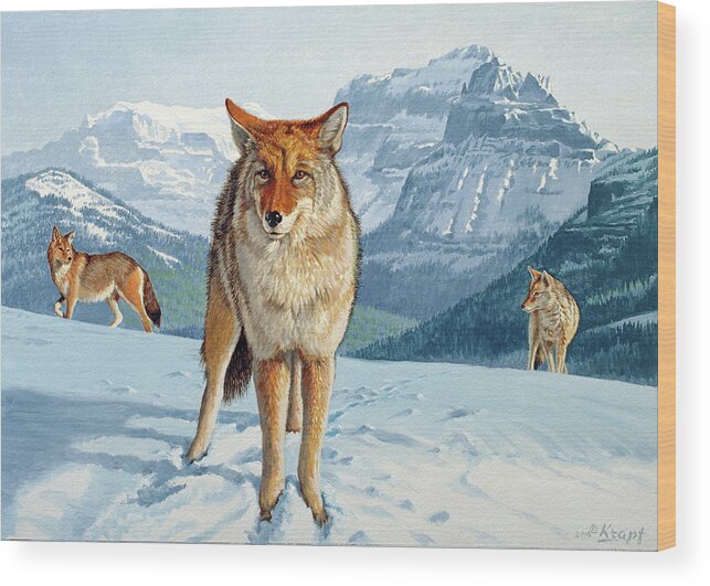 Coyote Wood Print featuring the painting Yellowstone Coyotes by Paul Krapf
