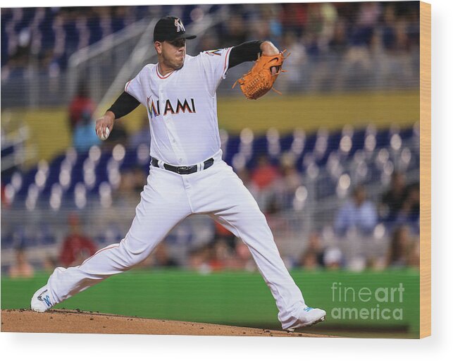 People Wood Print featuring the photograph Cincinnati Reds V Miami Marlins by Rob Foldy