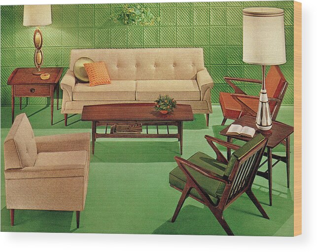 Armchair Wood Print featuring the drawing Green Midcentury Living Room #1 by CSA Images
