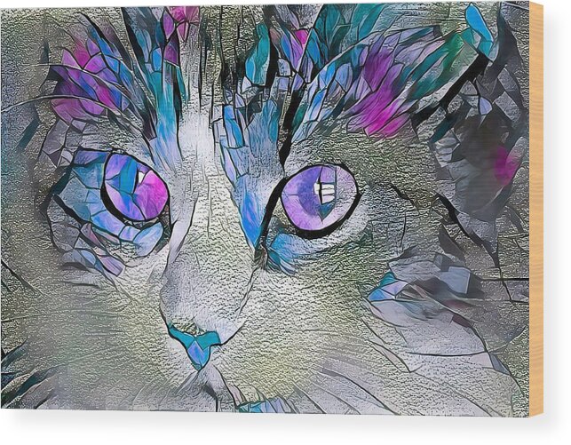 Cat Wood Print featuring the digital art Purple Stained Glass Kitty by Don Northup