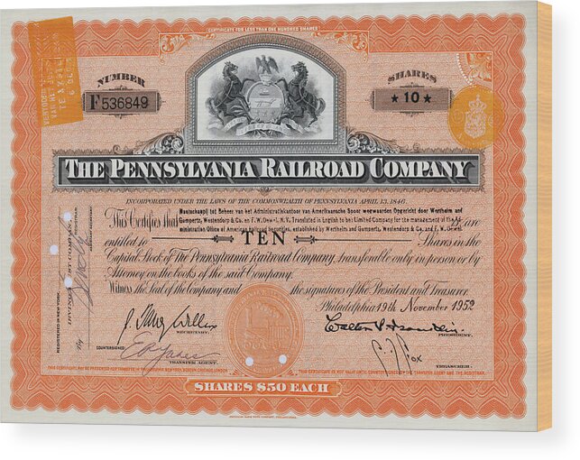 Prr Wood Print featuring the photograph 10 Shares of Pennsylvania Railroad Stock - Large by Paul W Faust - Impressions of Light